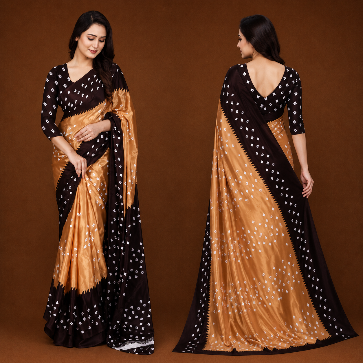 Elegant Black & Golden Bandhani Print Saree for Women | Premium Ethnic Party Wear Saree with Blouse Piece