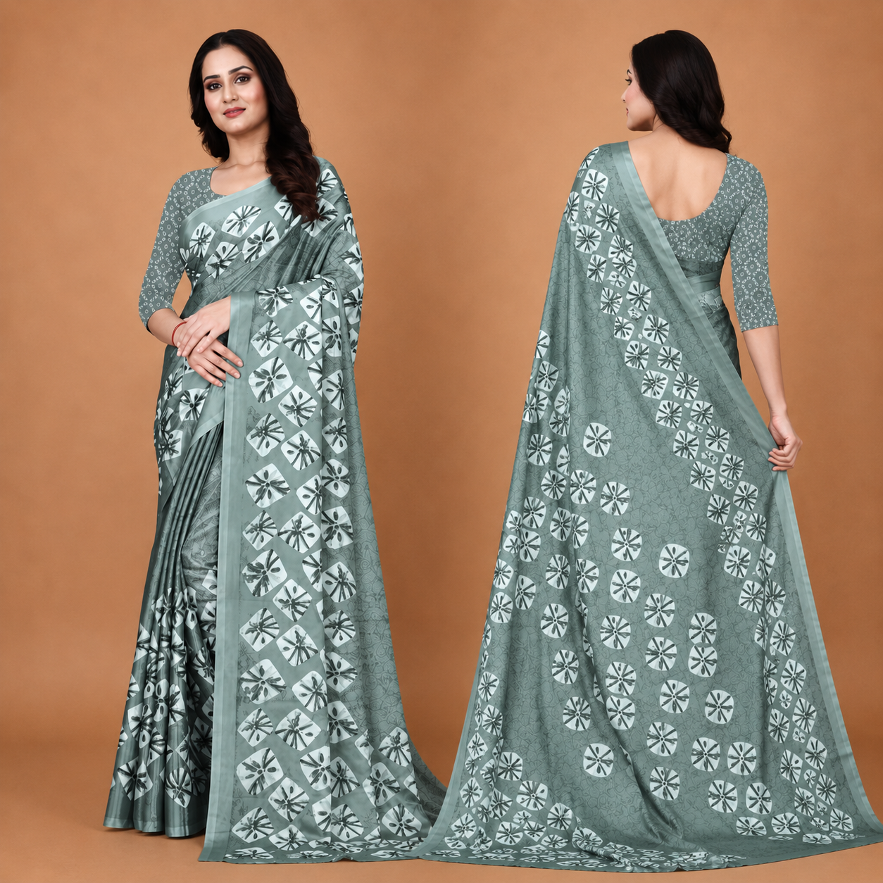 Elegant Sage Green Floral Print Saree for Women | Premium Ethnic Party Wear Saree with Blouse Piece