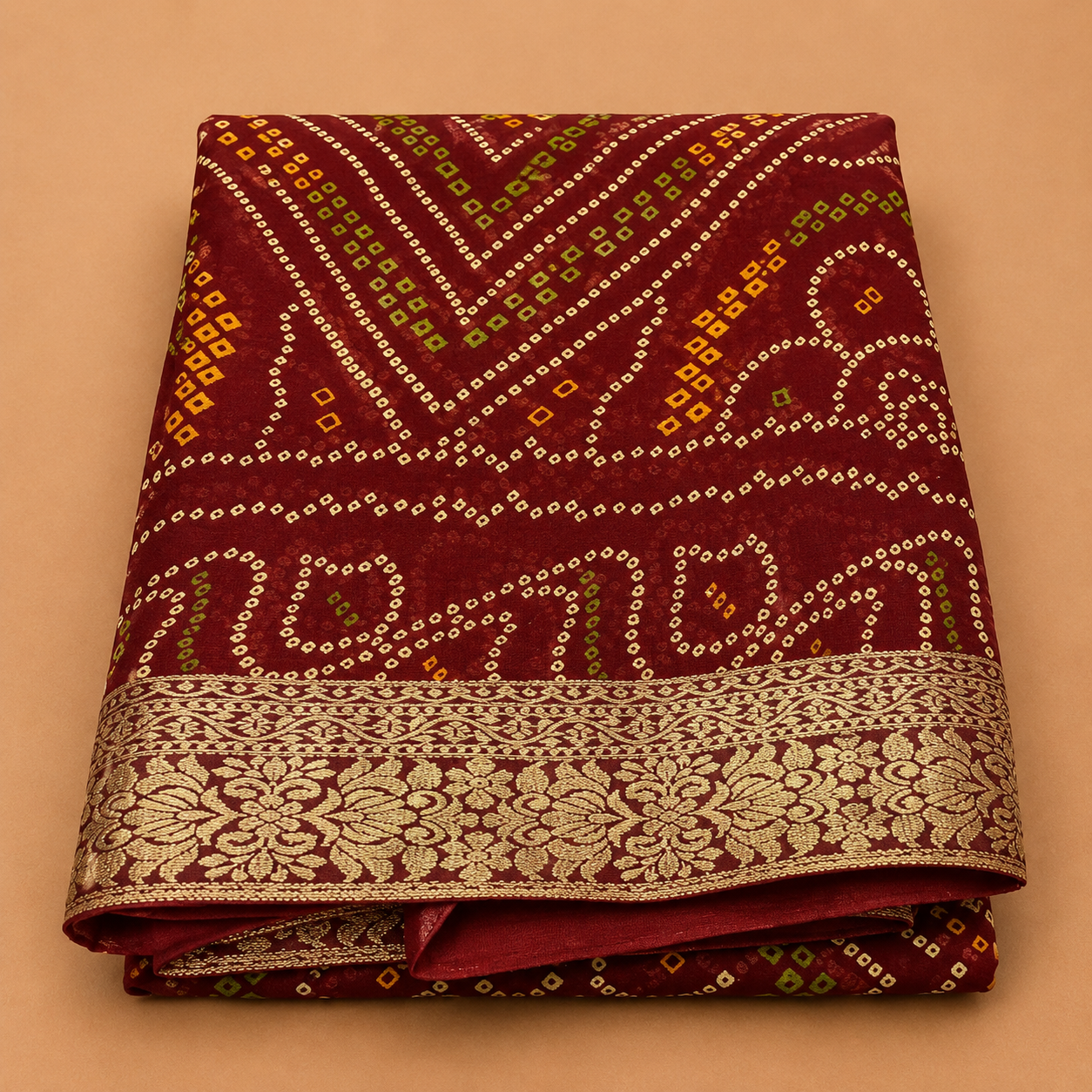 Women’s Maroon Bandhani Print Georgette Saree with Rich Golden Border | Traditional Festive Designer Saree