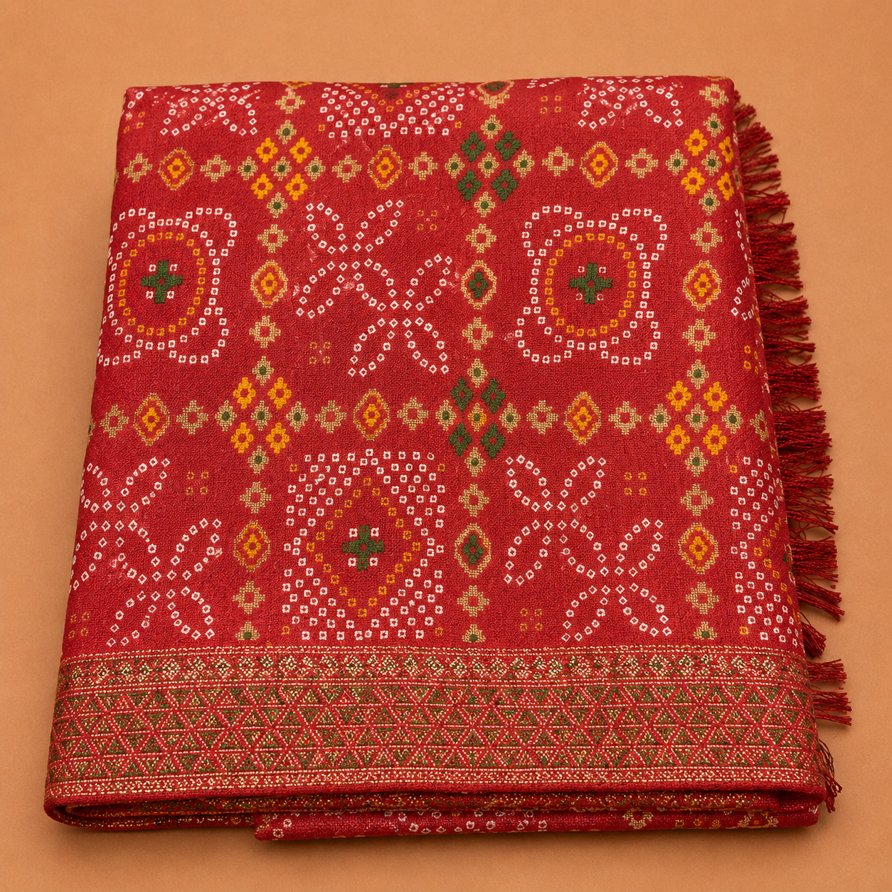Women’s Red Bandhani Print Georgette Saree with Rich Woven Border | Traditional Designer Ethnic Wear