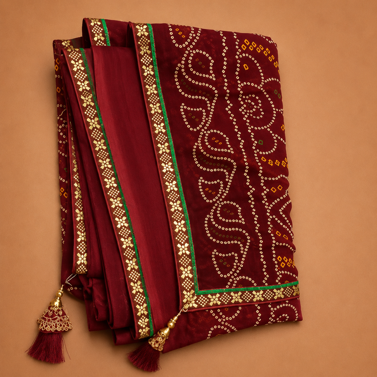 Women’s Red Bandhani Print Georgette Saree with Tassel Pallu | Designer Festive Ethnic Wear