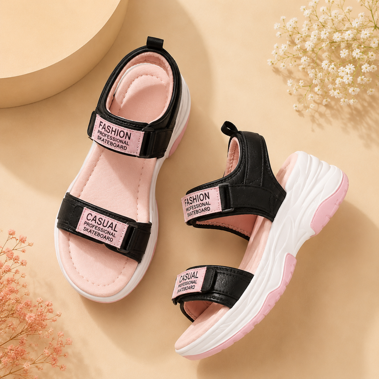 Dyana Core Women’s Fashion Comfort Platform Sandals – Black & Pink