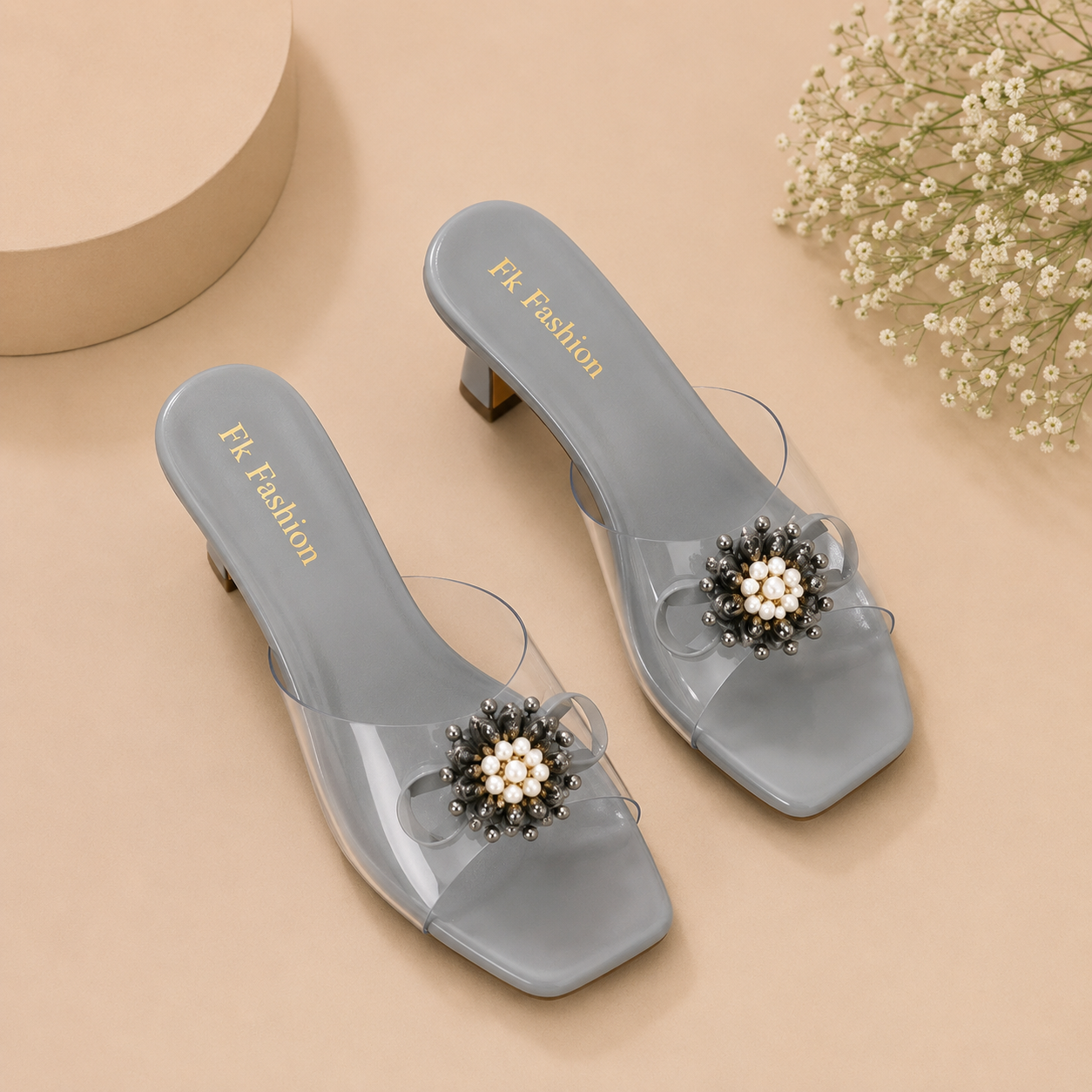 Dyana Core Women's Elegant Grey Block Heel Mules – Clear Strap Slip-On Sandals with Floral Pearl Embellishment
