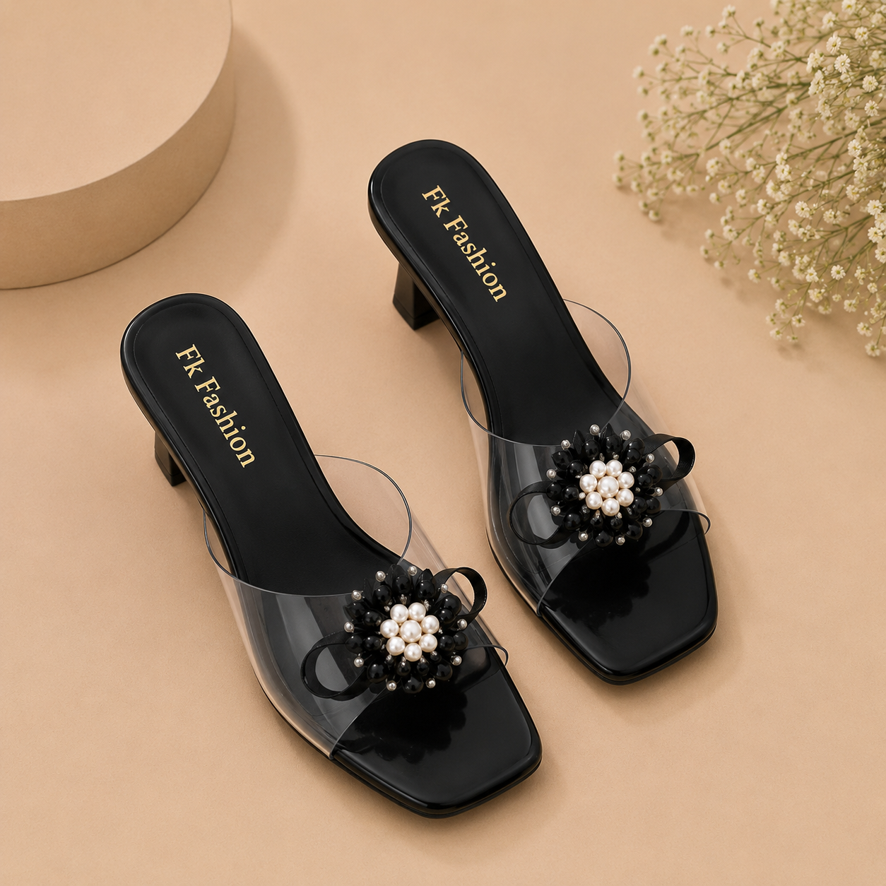 Dyana Core Women's Midnight Black Block Heel Mules – Clear Strap Slip-On Sandals with Floral Pearl Embellishment