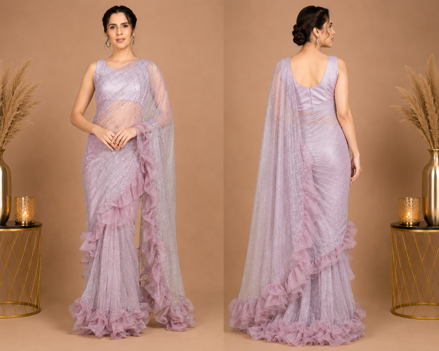 Elegant Lavender Ruffle Saree with Sequin Embellished Designer Drape