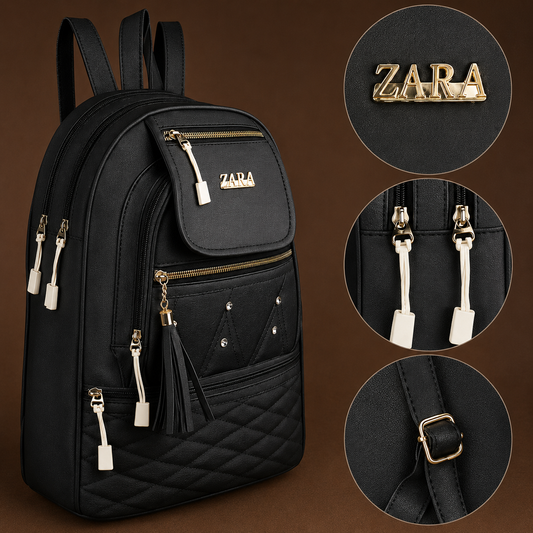 Dyana Core Style Women's Black Faux Leather Backpack | Multi-Zip Quilted School, College & Travel Backpack