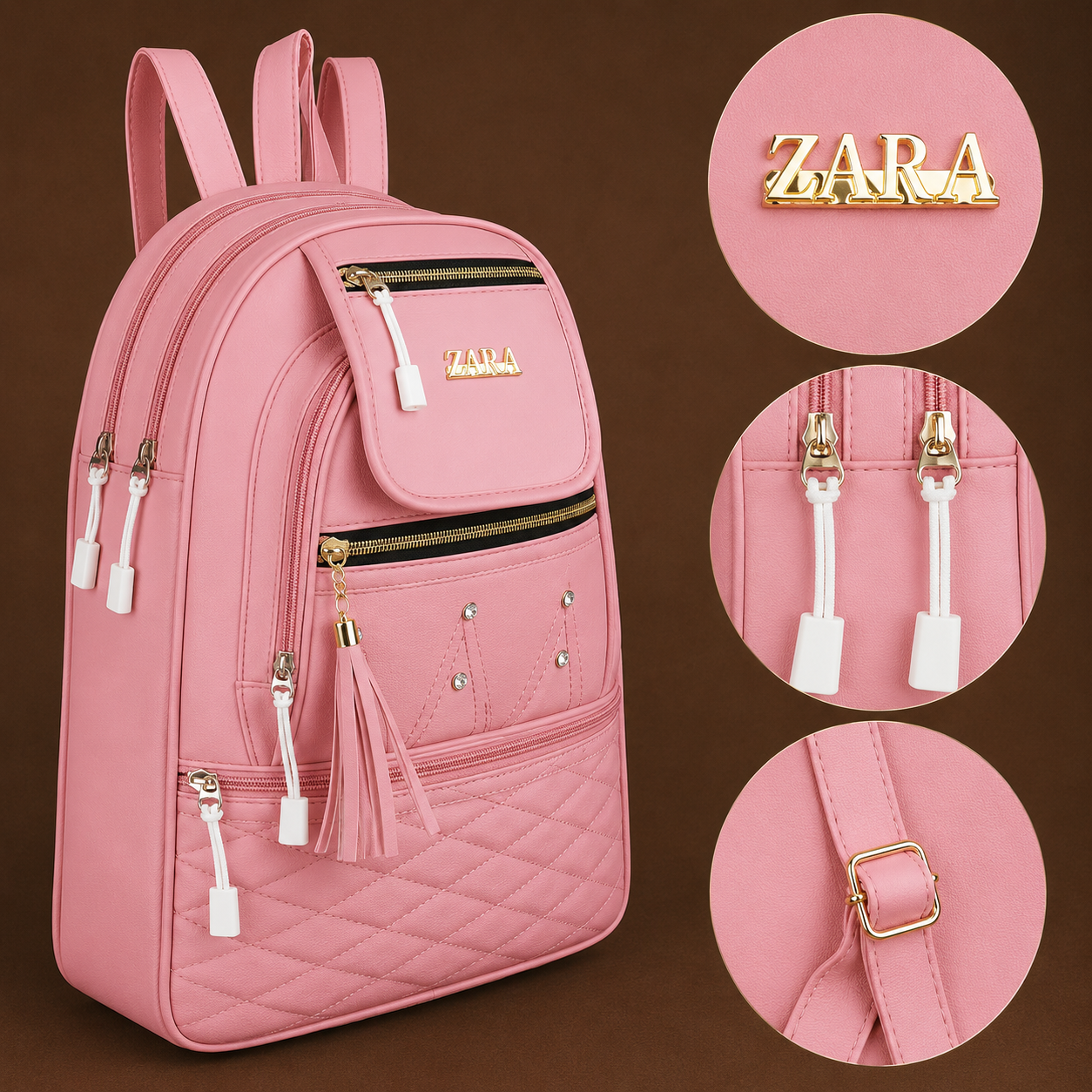 Dyana core Women's Premium Pink Multi-Compartment Backpack | Stylish Quilted Travel & College Bag with Tassel Detail