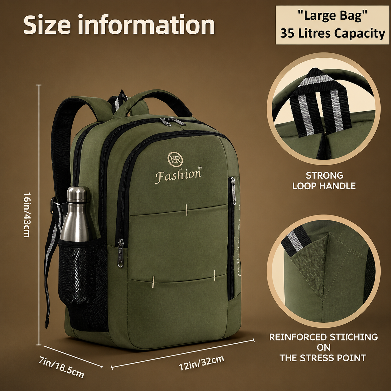 Olive Green Large Capacity Multipurpose Backpack | 35L Travel, College & Office Bag