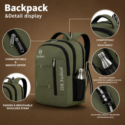 Olive Green Large Capacity Multipurpose Backpack | 35L Travel, College & Office Bag
