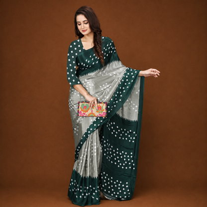 Elegant Green & Silver Bandhani Print Saree for Women | Premium Ethnic Party Wear Saree with Blouse Piece