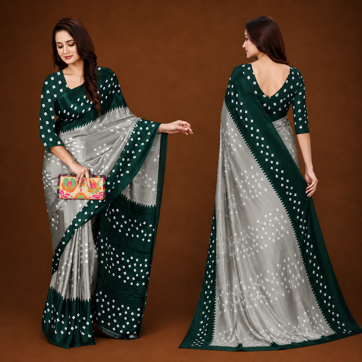Elegant Green & Silver Bandhani Print Saree for Women | Premium Ethnic Party Wear Saree with Blouse Piece