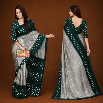 Elegant Green & Silver Bandhani Print Saree for Women | Premium Ethnic Party Wear Saree with Blouse Piece