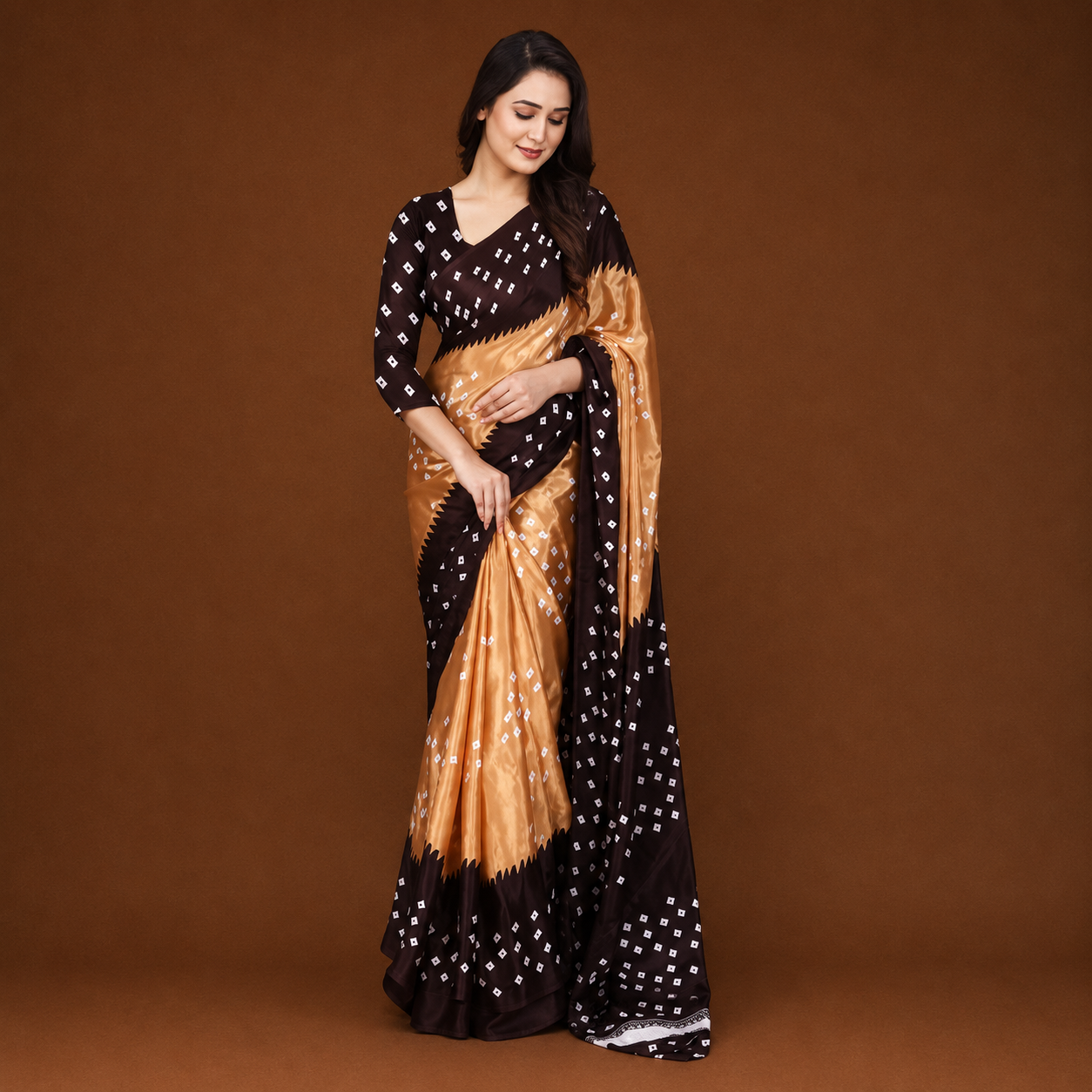 Elegant Black & Golden Bandhani Print Saree for Women | Premium Ethnic Party Wear Saree with Blouse Piece