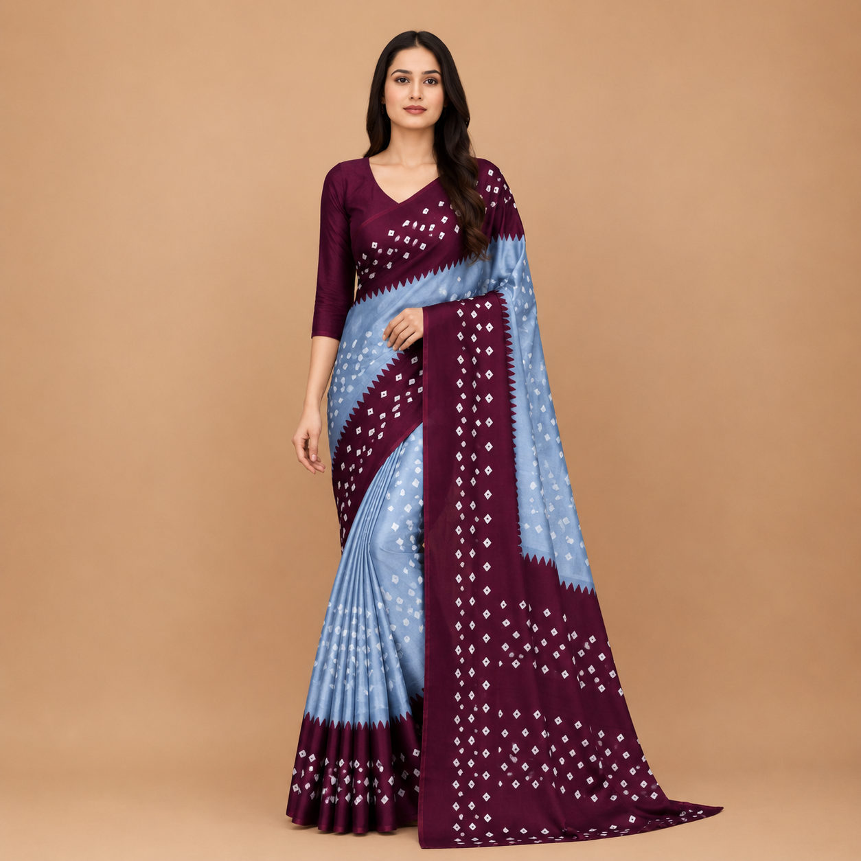 Elegant Wine & Sky Blue Bandhani Print Saree for Women | Premium Ethnic Party Wear Saree with Blouse Piece