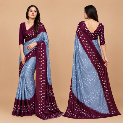 Elegant Wine & Sky Blue Bandhani Print Saree for Women | Premium Ethnic Party Wear Saree with Blouse Piece