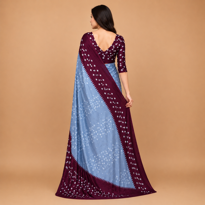Elegant Wine & Sky Blue Bandhani Print Saree for Women | Premium Ethnic Party Wear Saree with Blouse Piece