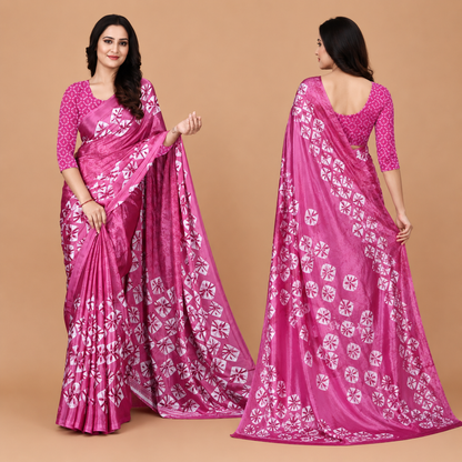 Elegant Pink Floral Print Saree for Women | Premium Ethnic Party Wear Saree with Blouse Piece