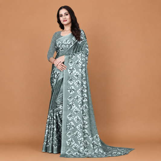 Elegant Sage Green Floral Print Saree for Women | Premium Ethnic Party Wear Saree with Blouse Piece