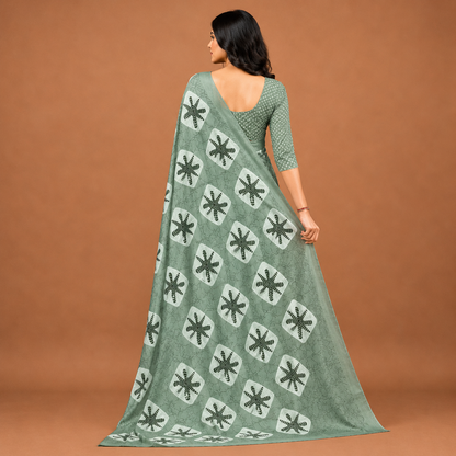 Elegant Sage Green Floral Print Saree for Women | Premium Ethnic Party Wear Saree with Blouse Piece