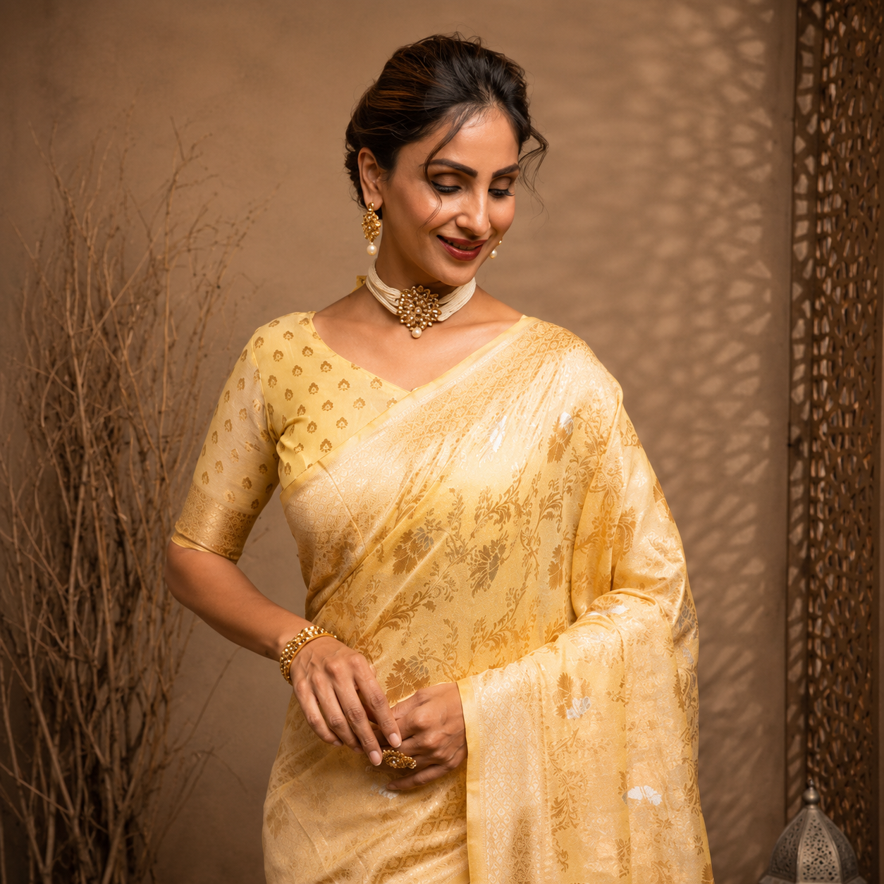 Elegant Golden Beige Woven Saree for Women | Premium Festive & Traditional Wear Saree with Blouse Piece