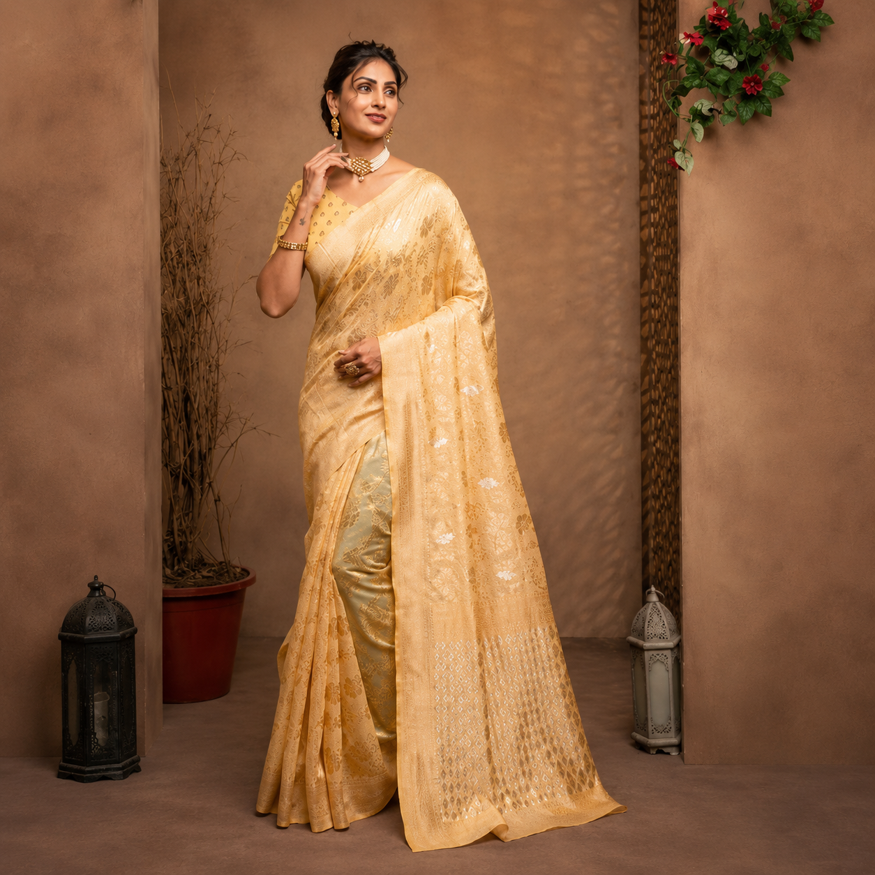 Elegant Golden Beige Woven Saree for Women | Premium Festive & Traditional Wear Saree with Blouse Piece