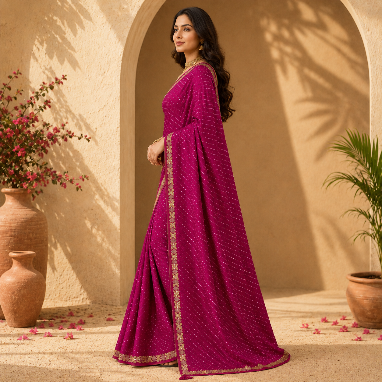 Women’s Magenta Embellished Designer Georgette Saree with Golden Border | Elegant Party & Festive Wear