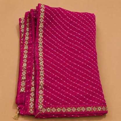 Women’s Magenta Embellished Designer Georgette Saree with Golden Border | Elegant Party & Festive Wear