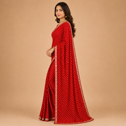 Women’s Red Georgette Embellished Saree with Golden Border | Elegant Party & Festive Wear