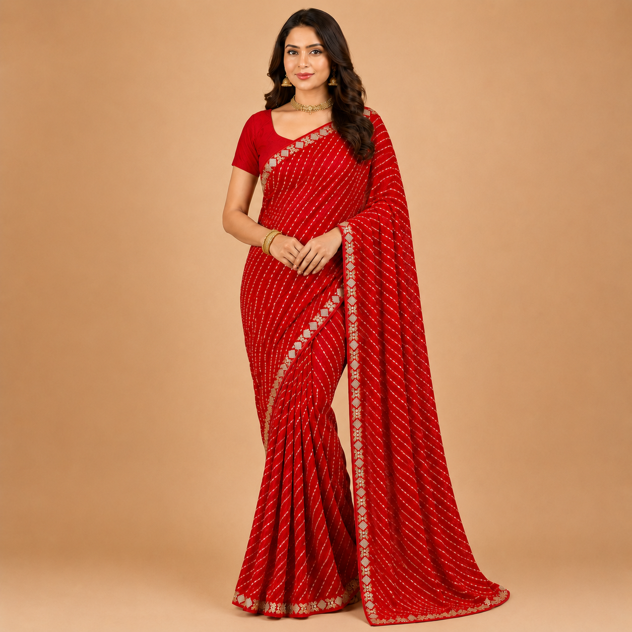 Women’s Red Georgette Embellished Saree with Golden Border | Elegant Party & Festive Wear