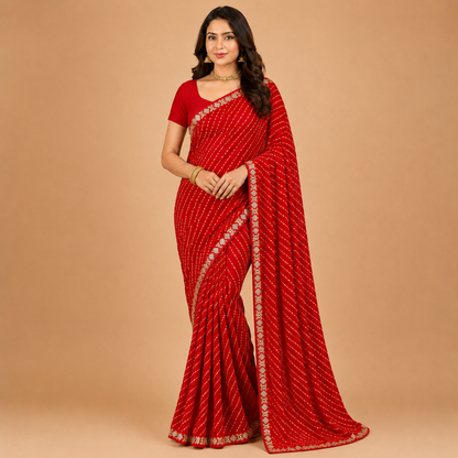 Women’s Red Georgette Embellished Saree with Golden Border | Elegant Party & Festive Wear