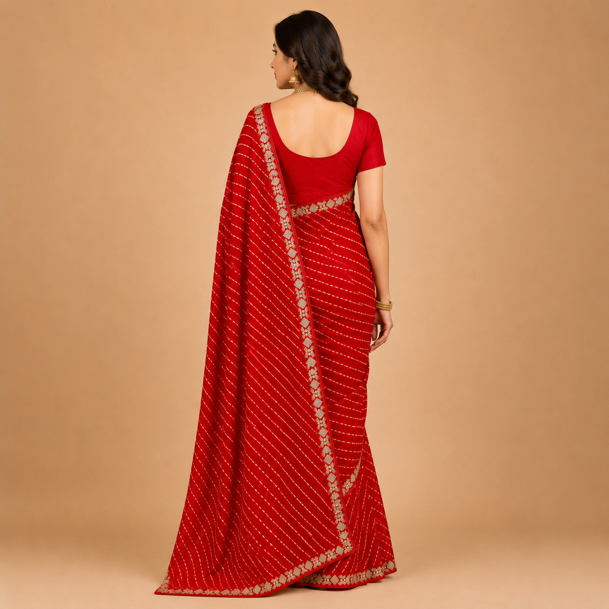 Women’s Red Georgette Embellished Saree with Golden Border | Elegant Party & Festive Wear