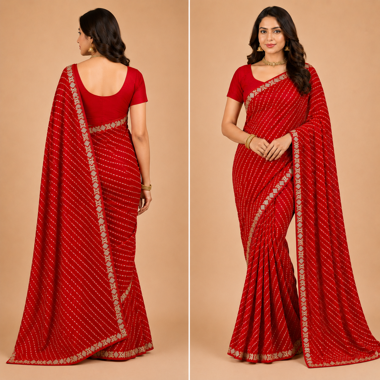 Women’s Red Georgette Embellished Saree with Golden Border | Elegant Party & Festive Wear