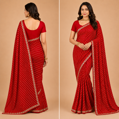 Women’s Red Georgette Embellished Saree with Golden Border | Elegant Party & Festive Wear