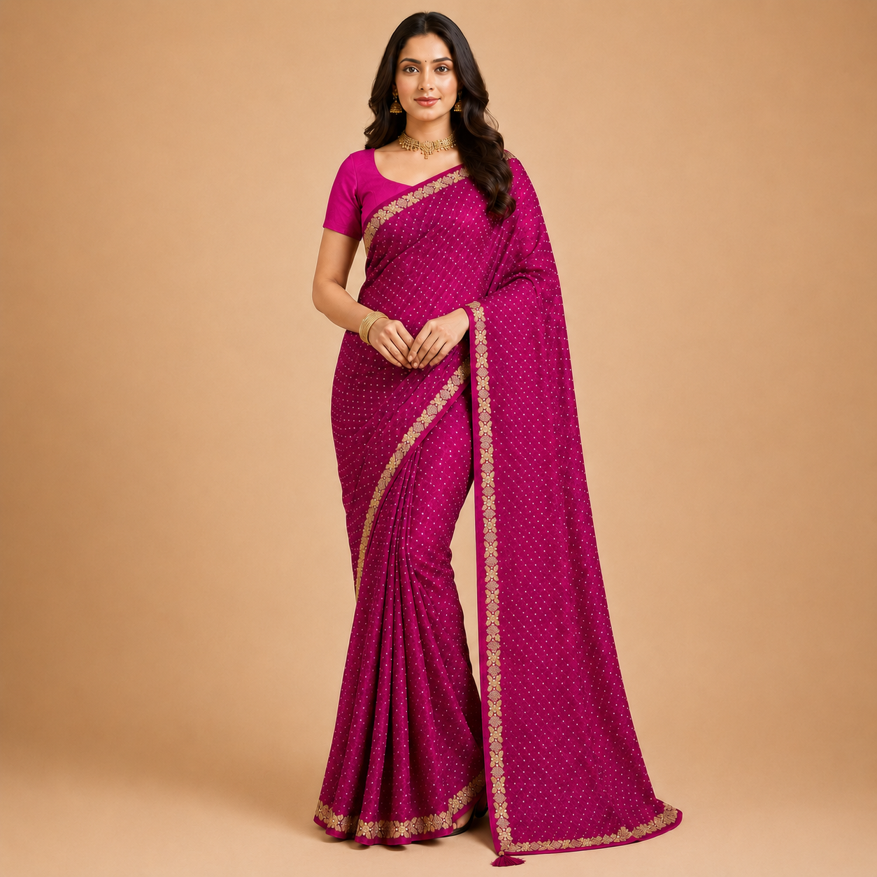 Women’s Magenta Embellished Designer Georgette Saree with Golden Border | Elegant Party & Festive Wear