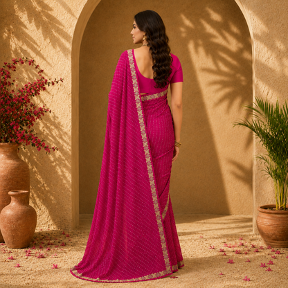 Women’s Magenta Embellished Designer Georgette Saree with Golden Border | Elegant Party & Festive Wear