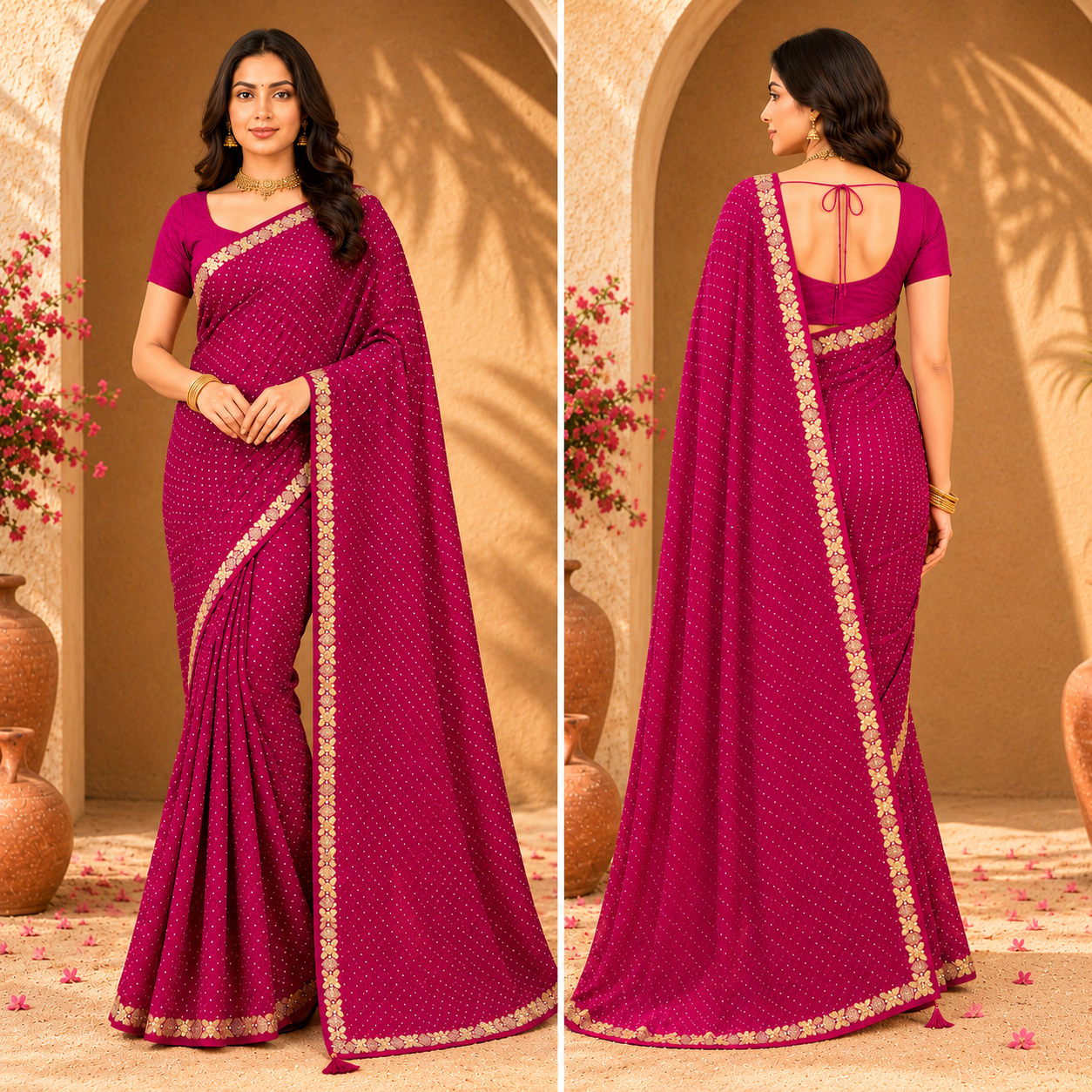 Women’s Magenta Embellished Designer Georgette Saree with Golden Border | Elegant Party & Festive Wear