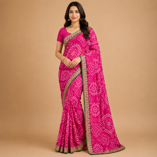 Women’s Pink Bandhani Print Georgette Saree with Embroidered Border | Traditional Festive Ethnic Wear
