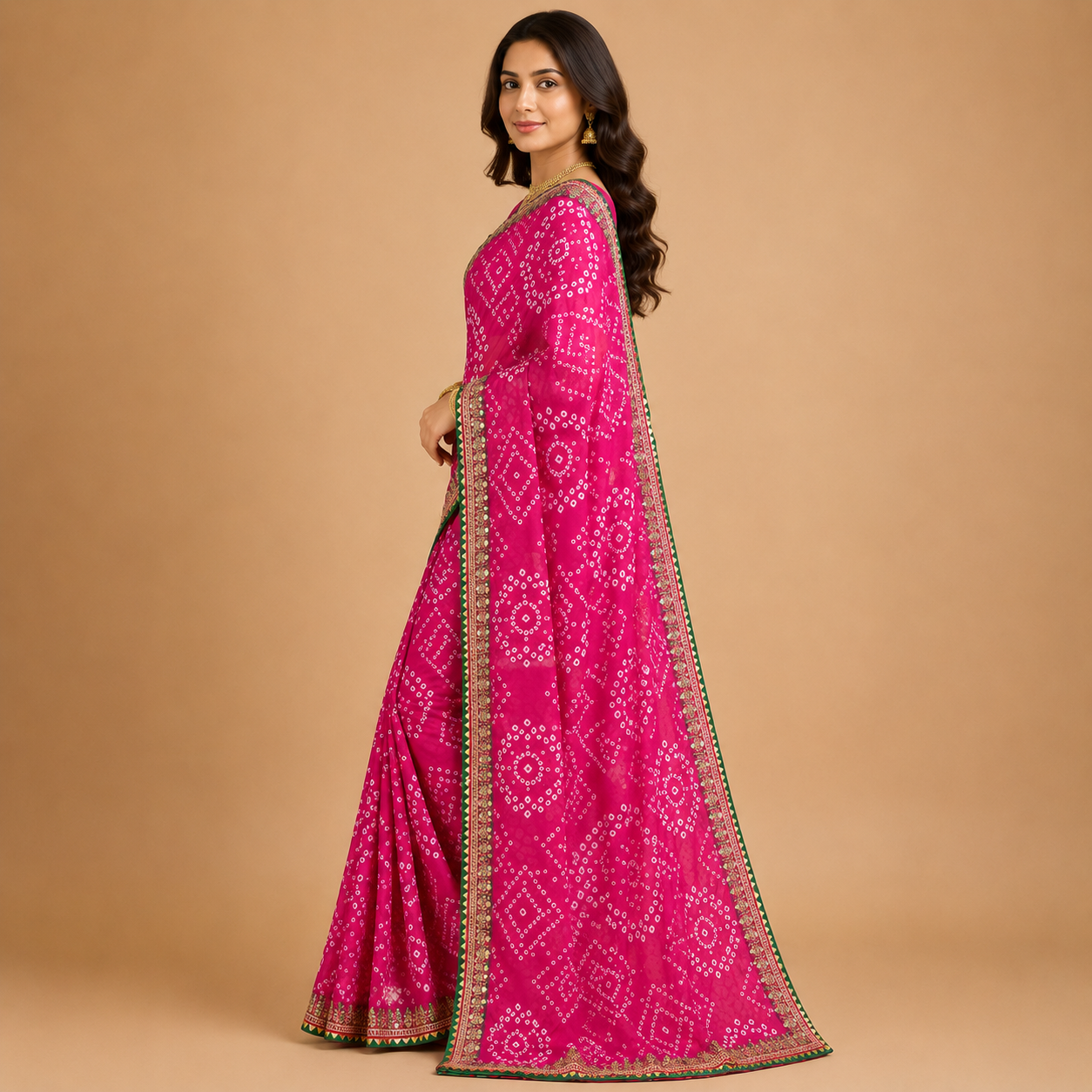 Women’s Pink Bandhani Print Georgette Saree with Embroidered Border | Traditional Festive Ethnic Wear