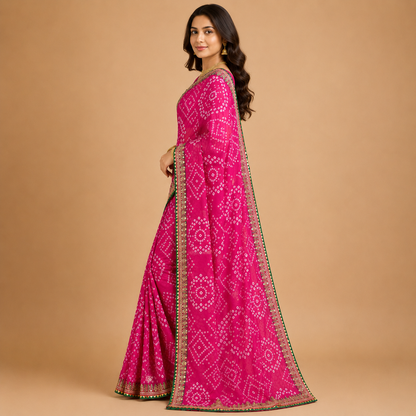 Women’s Pink Bandhani Print Georgette Saree with Embroidered Border | Traditional Festive Ethnic Wear