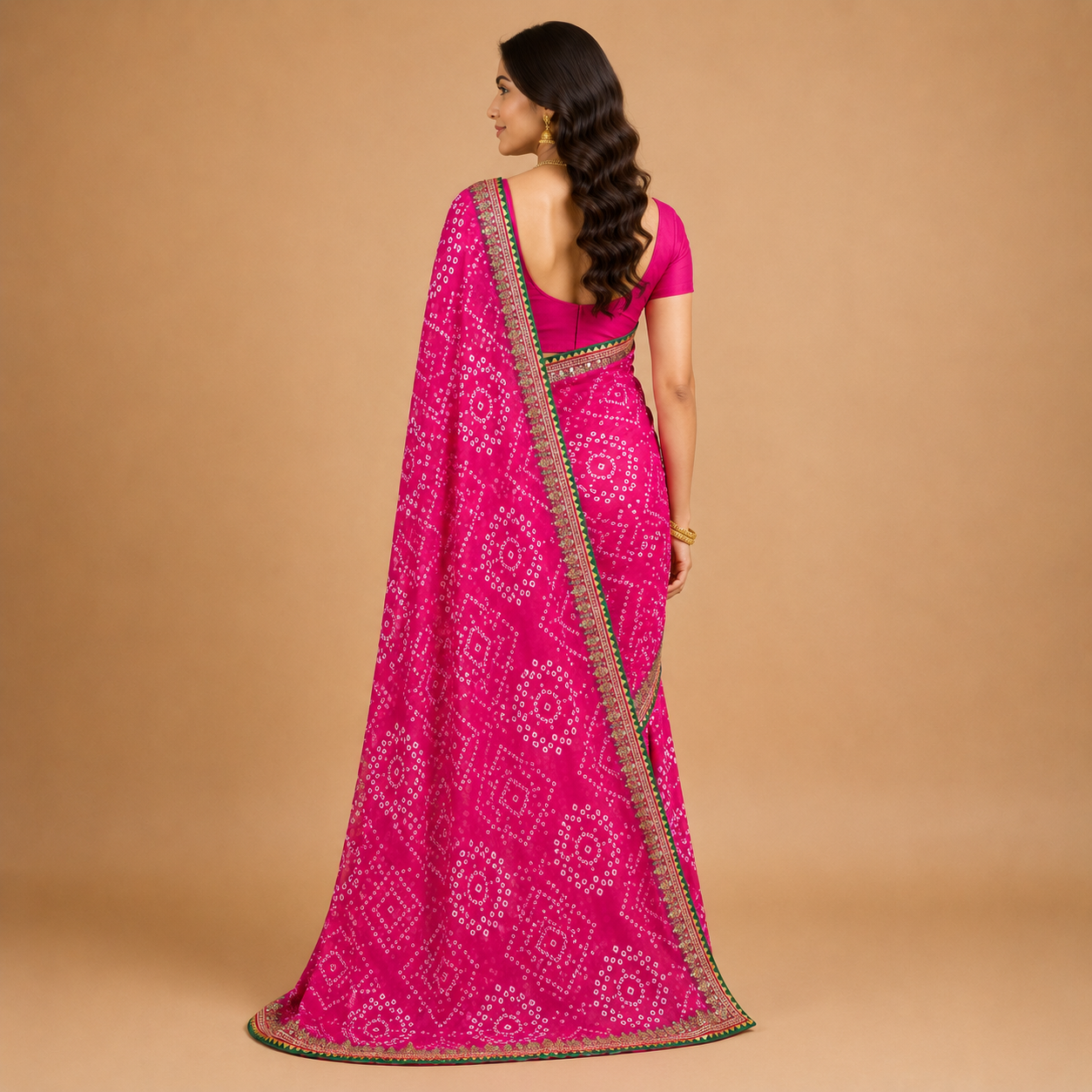 Women’s Pink Bandhani Print Georgette Saree with Embroidered Border | Traditional Festive Ethnic Wear