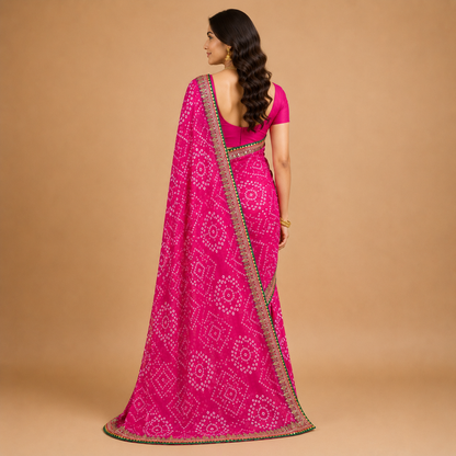 Women’s Pink Bandhani Print Georgette Saree with Embroidered Border | Traditional Festive Ethnic Wear