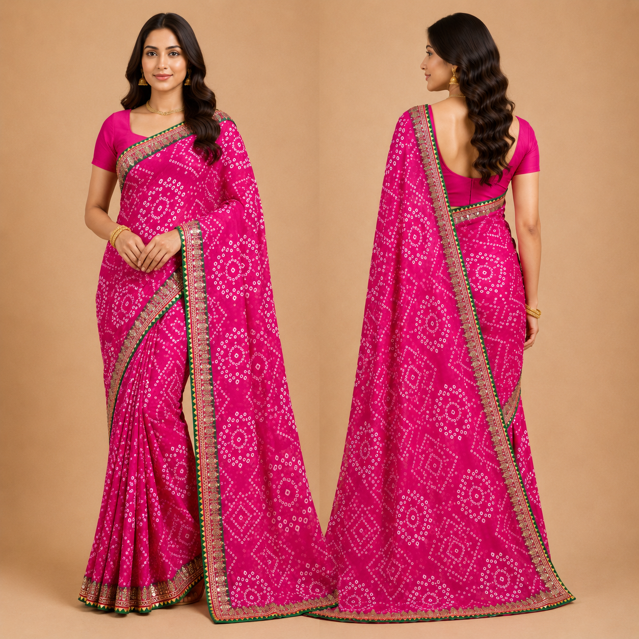 Women’s Pink Bandhani Print Georgette Saree with Embroidered Border | Traditional Festive Ethnic Wear