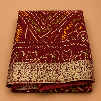 Women’s Maroon Bandhani Print Georgette Saree with Rich Golden Border | Traditional Festive Designer Saree