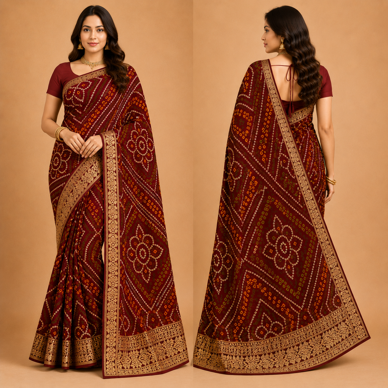 Women’s Maroon Bandhani Print Georgette Saree with Rich Golden Border | Traditional Festive Designer Saree