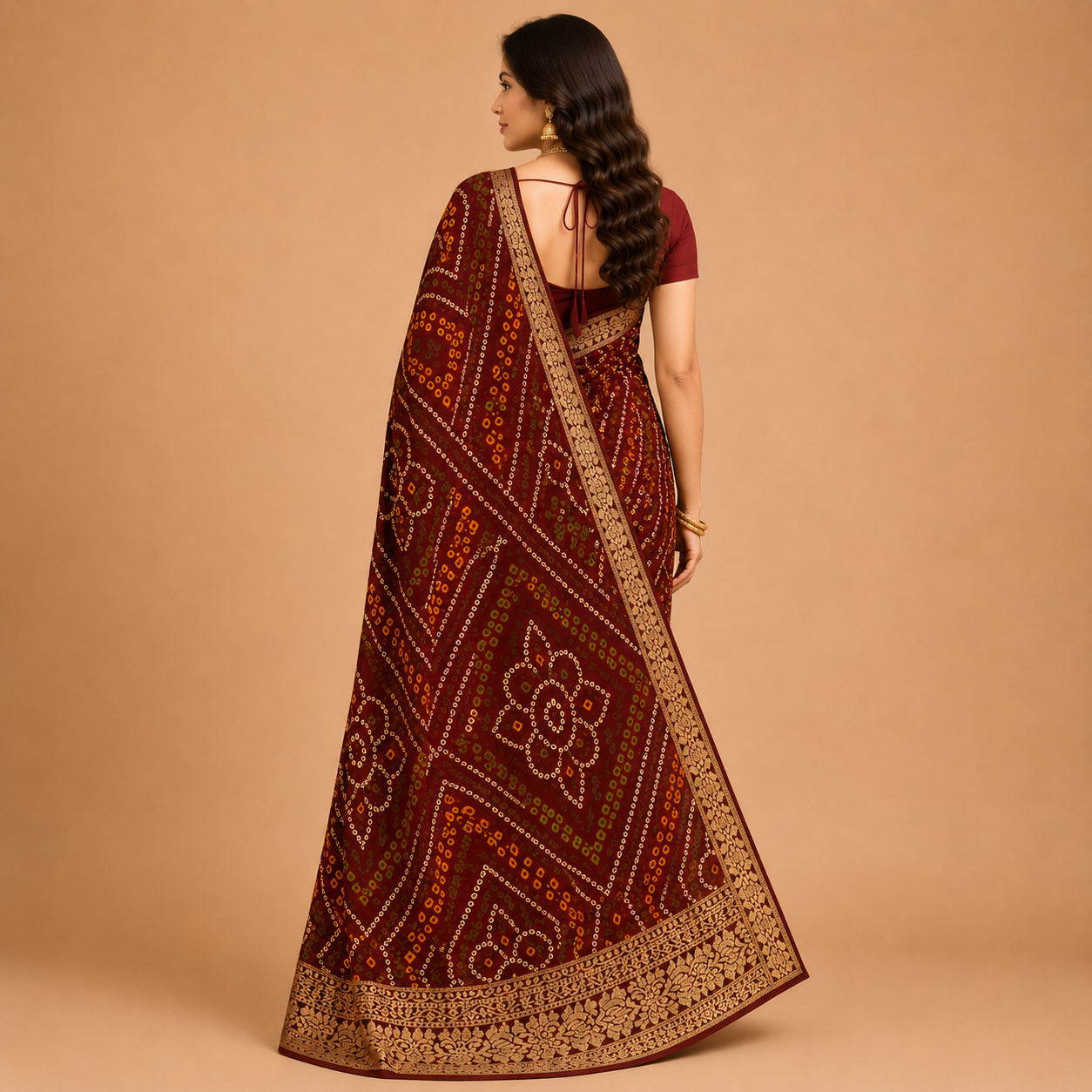 Women’s Maroon Bandhani Print Georgette Saree with Rich Golden Border | Traditional Festive Designer Saree