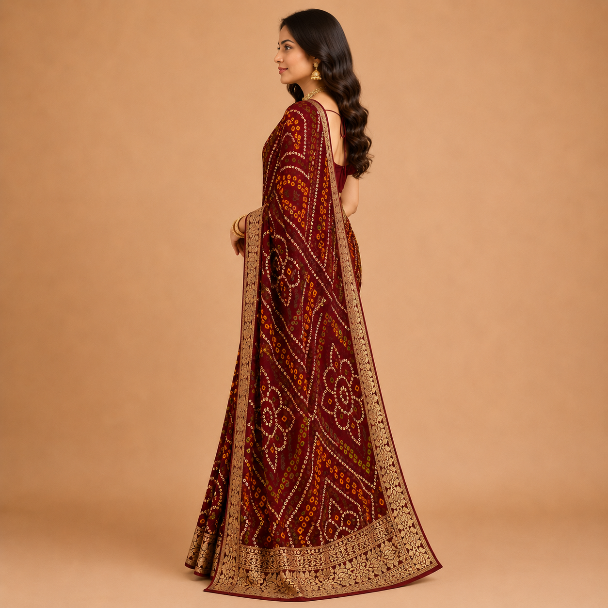 Women’s Maroon Bandhani Print Georgette Saree with Rich Golden Border | Traditional Festive Designer Saree