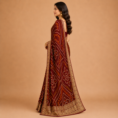 Women’s Maroon Bandhani Print Georgette Saree with Rich Golden Border | Traditional Festive Designer Saree