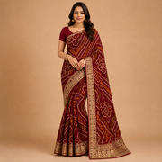 Maroon Bandhani print georgette saree with golden border