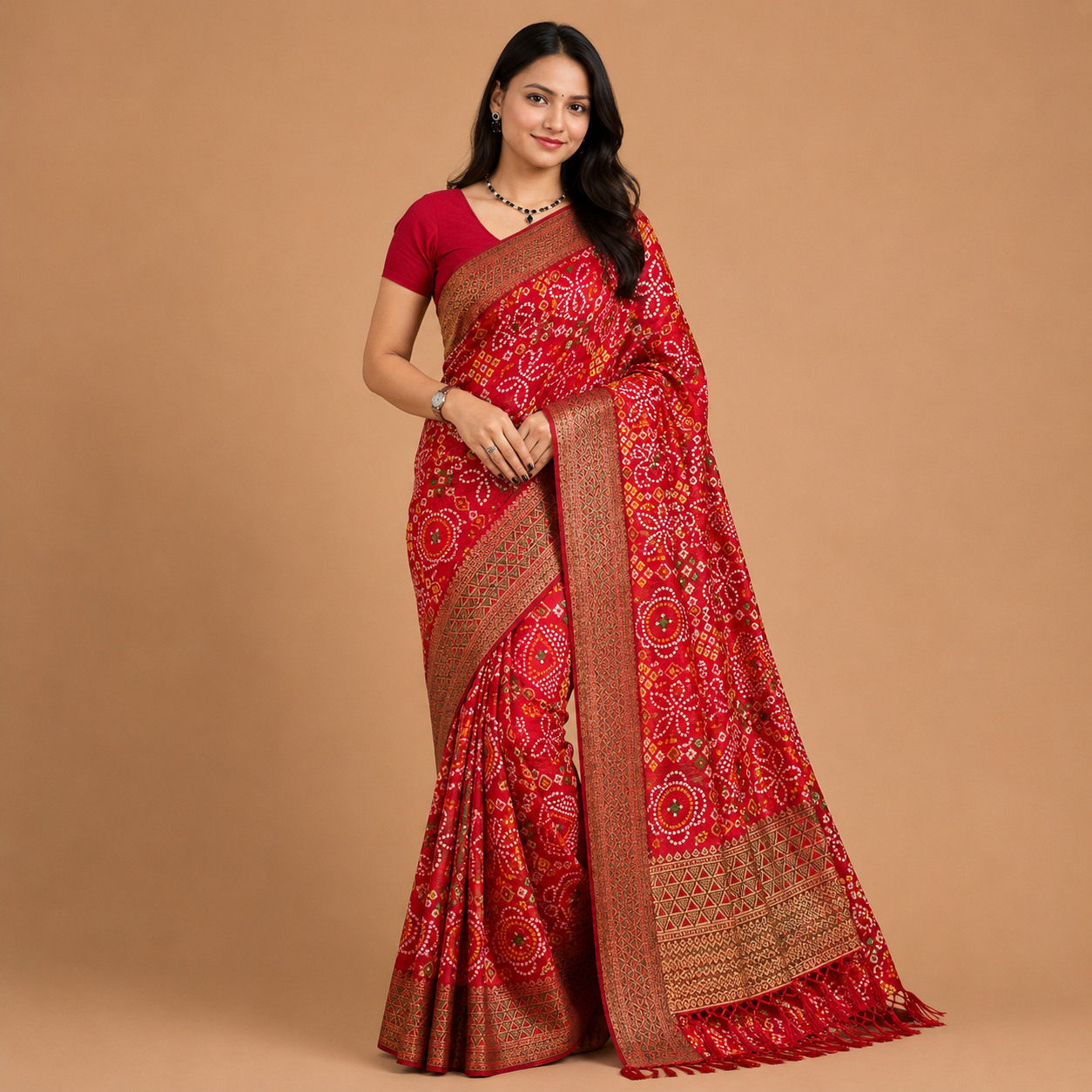 Women’s Red Bandhani Print Georgette Saree with Rich Woven Border | Traditional Designer Ethnic Wear