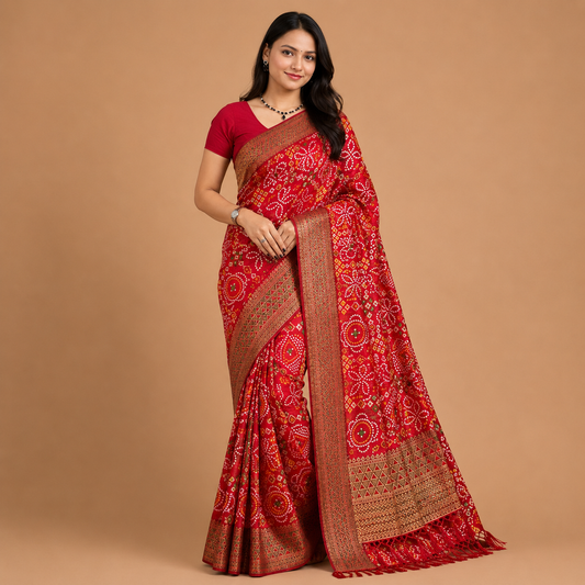 Women’s Red Bandhani Print Georgette Saree with Rich Woven Border | Traditional Designer Ethnic Wear